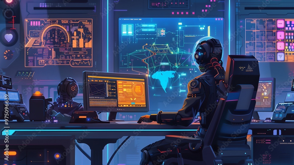 Poster futuristic cyborg working at a computer desk with neon lights in a futuristic workspace