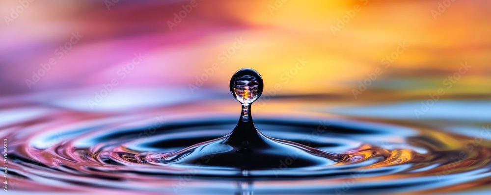 Poster water droplet creating ripple effect on colorful surface