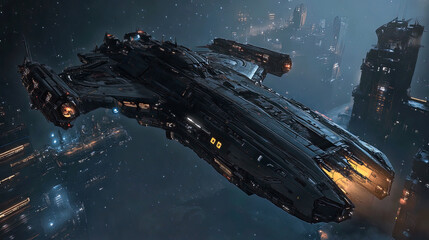 Futuristic sci-fi spaceship battle cruiser warship departing an industrial interstellar city, advanced military battle vessel, cosmic travel alien exploration