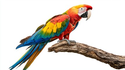 Fototapeta premium Colorful Scarlet Macaw Perched on Branch Isolated on White Background