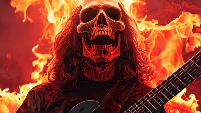 A fiery and dramatic image of a skull guitarist