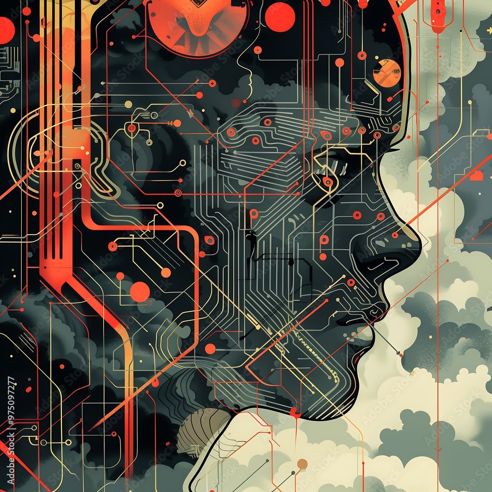Poster abstract digital portrait with circuit board design and cloud background.