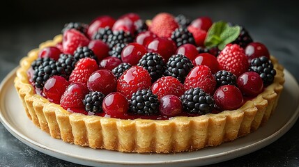  A pie on a plate with berries and raspberries, showcased in close-up