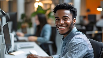Fototapeta premium Smiling Black Man Working at Computer in Modern Office