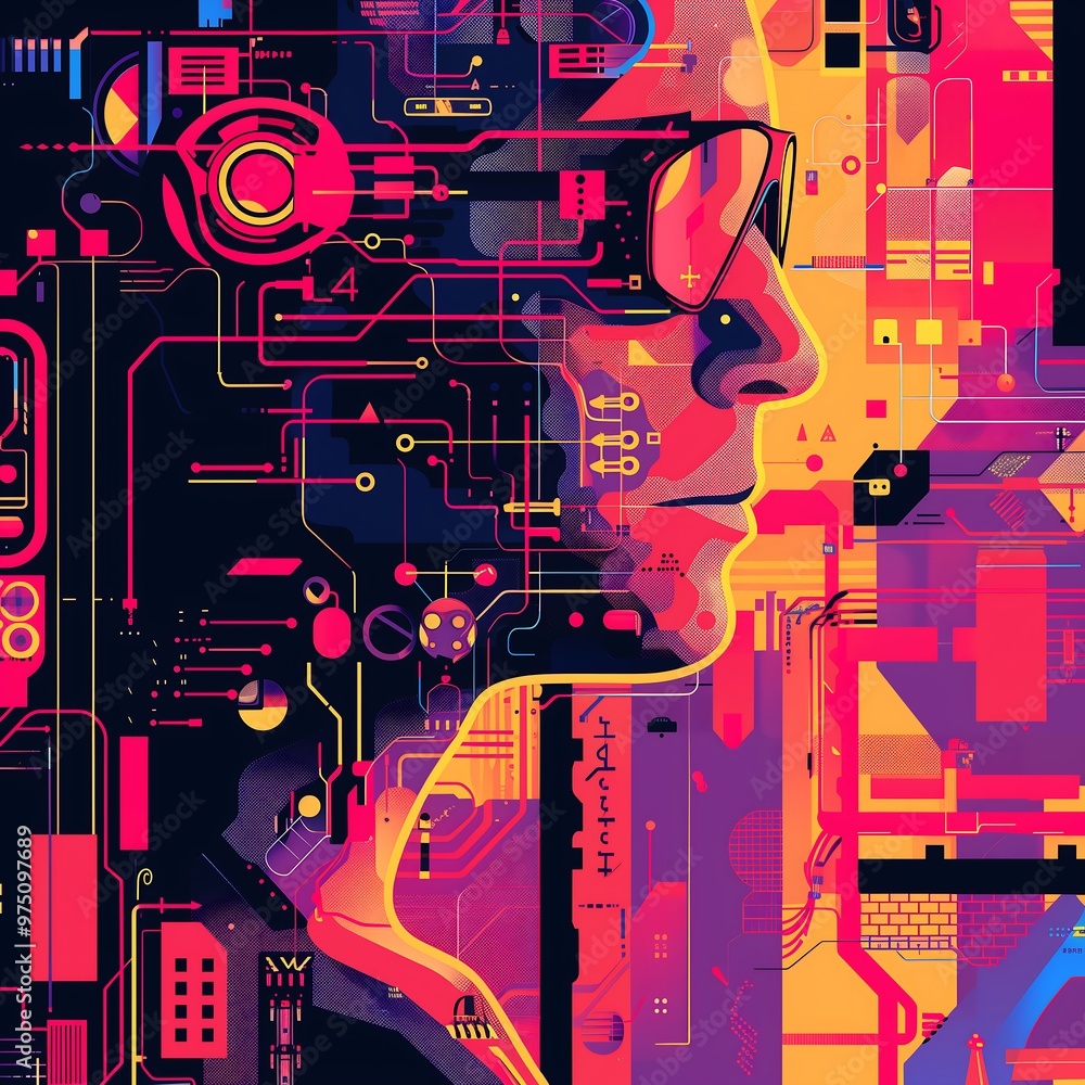Poster abstract digital portrait with circuitry and technology elements