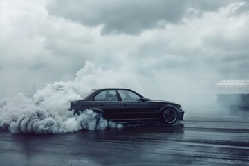A car performs a dramatic burnout, with tires spinning and thick smoke billowing, set against a moody, overcast sky on a deserted track.