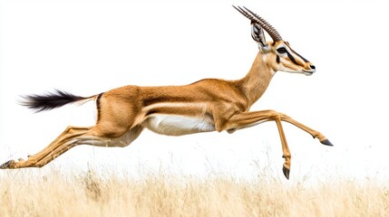 Thomson s Gazelle Leaping in Grass  Isolated White Background