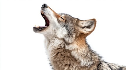 Wolf Howling Close Up Portrait Isolated on White Background