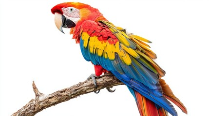Fototapeta premium Scarlet Macaw Parrot Perched on Branch Isolated on White Background