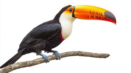 Fototapeta premium Toucan Bird Perched on Branch Isolated on White Background