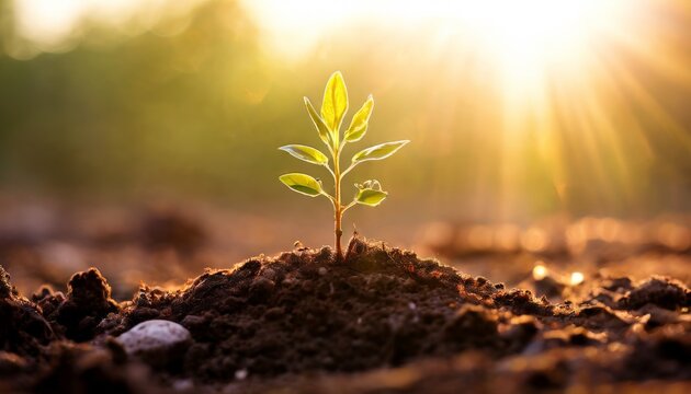 Fototapeta A vibrant young plant sprout emerging from rich, dark soil, bathed in the warm, golden light of the sun. This image embodies themes of growth, renewal, and the beauty of nature