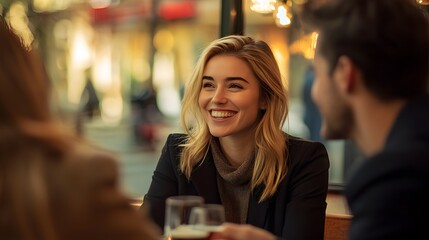 A woman smiles and looks at a man across a table in a restaurant
