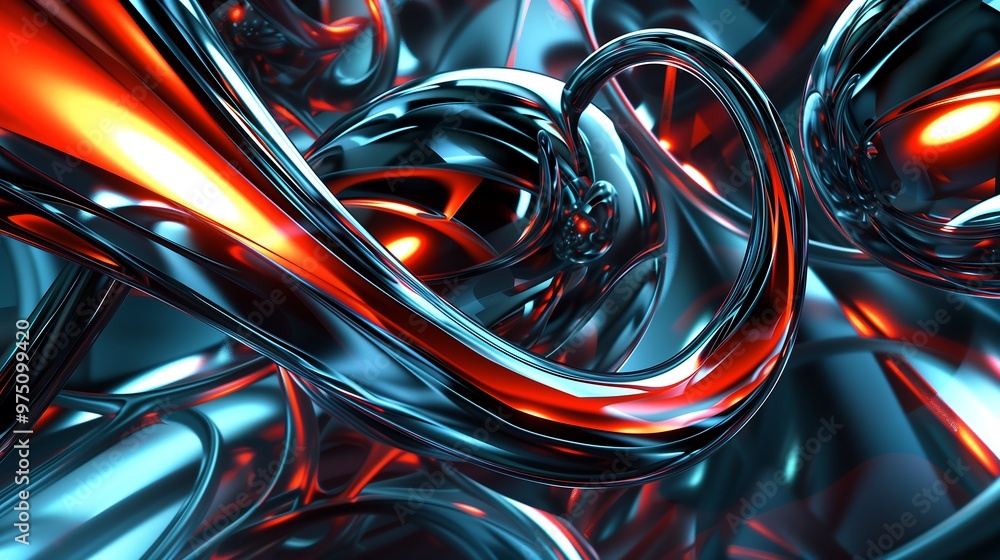 Poster abstract 3d render of intertwined metallic shapes in red and blue with glow effects