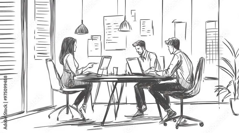 Poster sketch of three people working on laptops at a table in an office setting