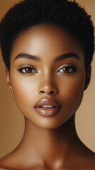Fototapeta premium full face portrait of beautiful afro American model with brown eyes, matt skin, short hair against beige background