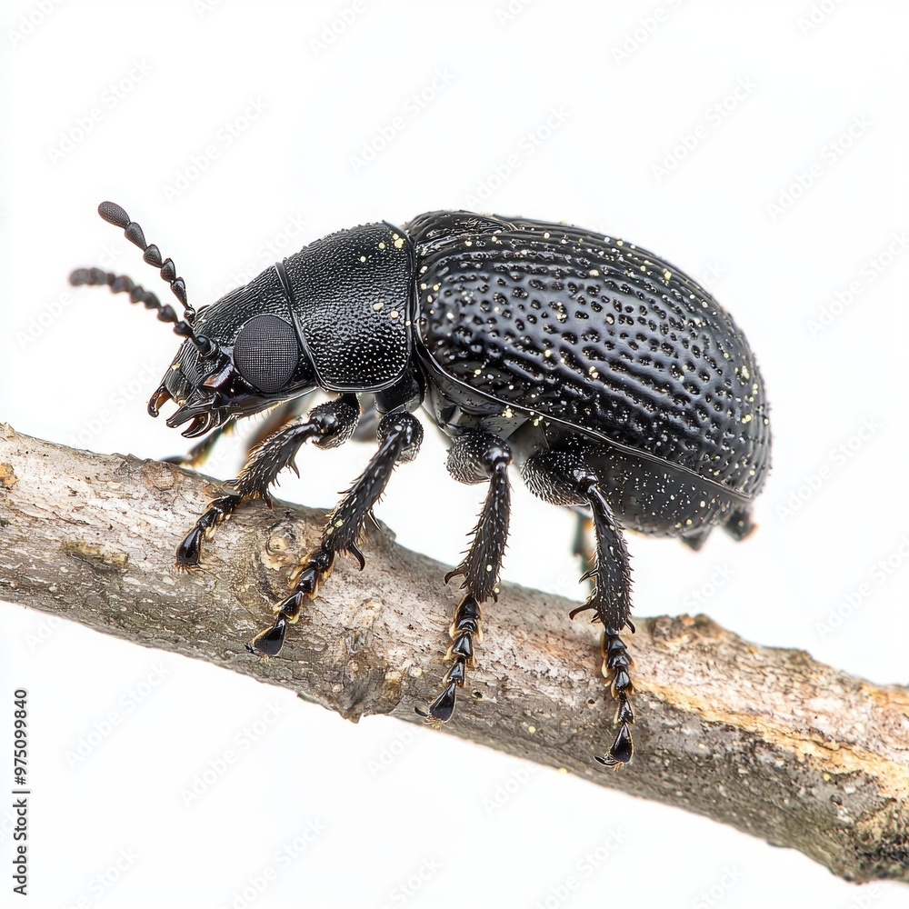 Poster bark beetle explores a branch, its thick, segmented body reflecting light as it moves. the hard shel