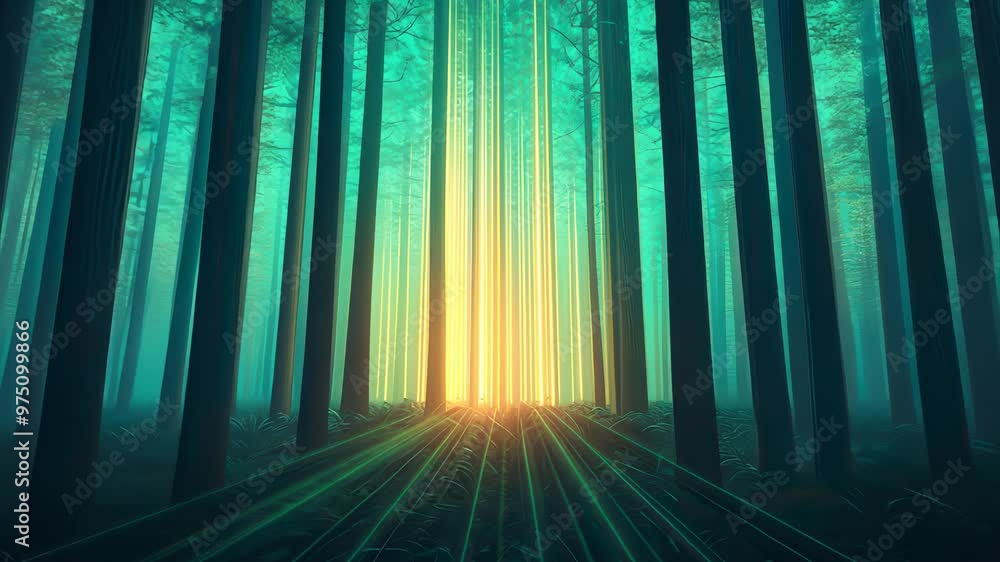 Poster forest scene with tall trees and soft rays of light shining through.