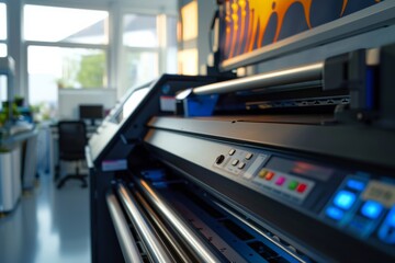 Fototapeta premium Close-up of a large-format printer in a modern, well-lit print shop, showing the machine's control panel and paper rollers.