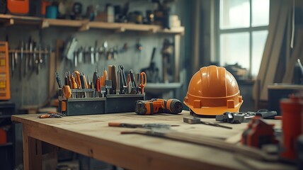 Fototapeta premium A well-equipped workshop with tools and safety gear, ready for construction or DIY projects.