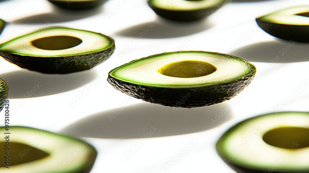 Poster   An avocado cut in half resting on a white surface amidst other avocados