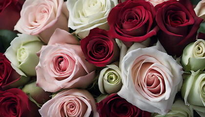 A colorful bouquet of roses in various shades including red, pink, yellow, and white arranged beautifully as a romantic gift for special occasions such as weddings, Valentine's Day, or celebrations