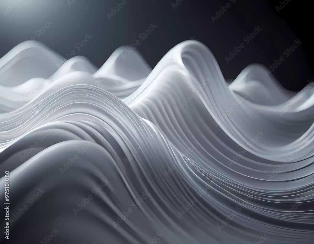 Poster flowing 3d waves in black and grey create a mesmerizing abstract pattern, featuring smooth curves an