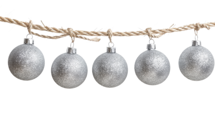 Christmas balls silver hanging on a rope on white background