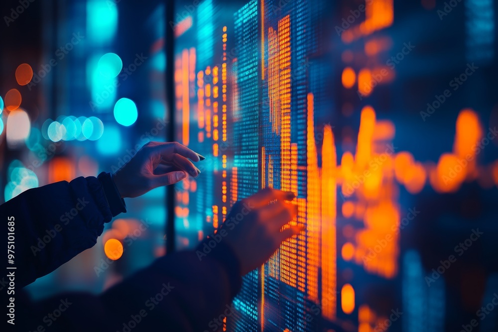 Poster herman analyzing stock market data with colorful bokeh background for business insights