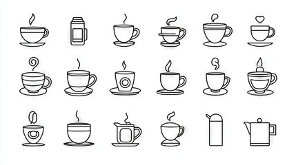 Obraz premium A white background showcases a set of coffee cups and saucers, accompanied by a line drawing of the same