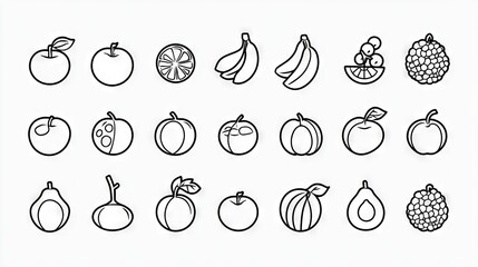   A diverse array of fruits and vegetables skillfully depicted in monochromatic shades on a white canvas