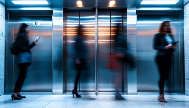 Modern office employees using phones in elevator with blurred background for a contemporary feel