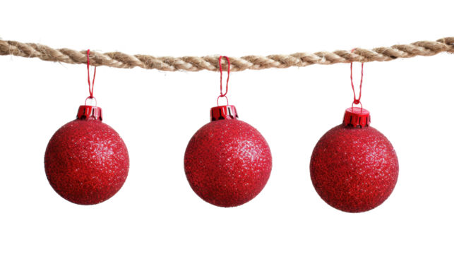 Christmas balls red hanging on a rope on white background