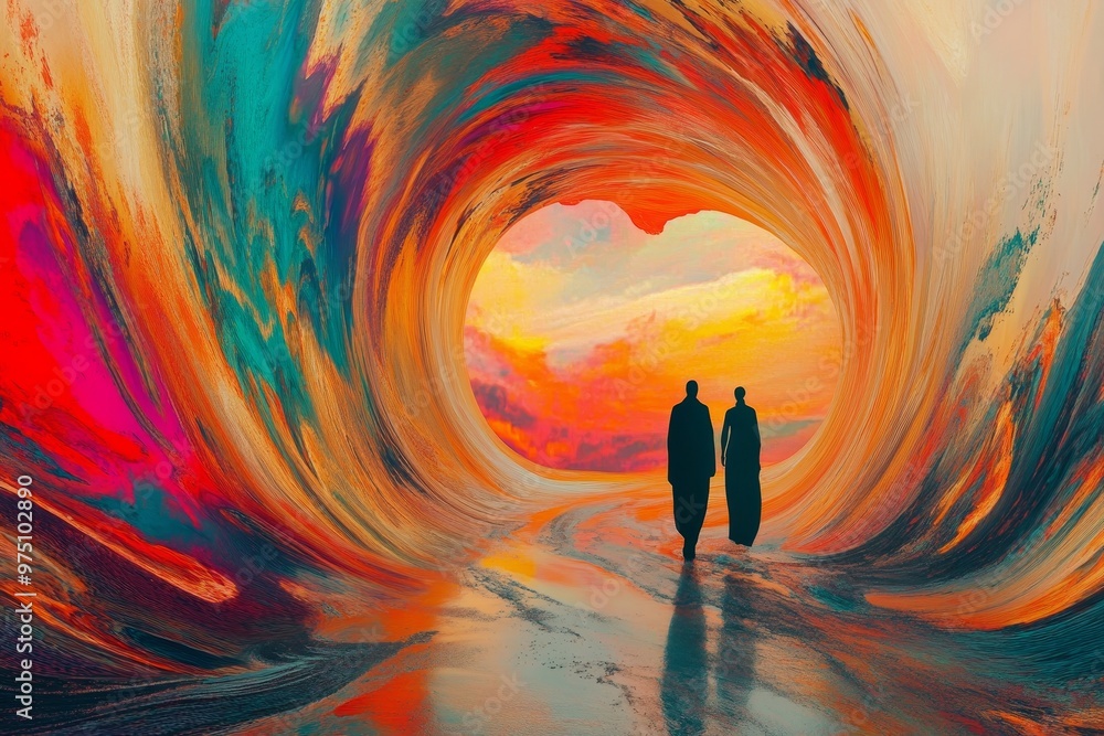 Poster psychedelic gateway to a surreal parallel universe with distorted reality and vibrant colors