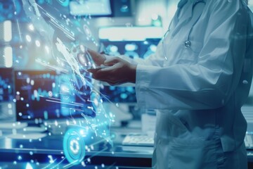 An engineer analyzes holographic data in a high-tech control room, highlighting futuristic technology.