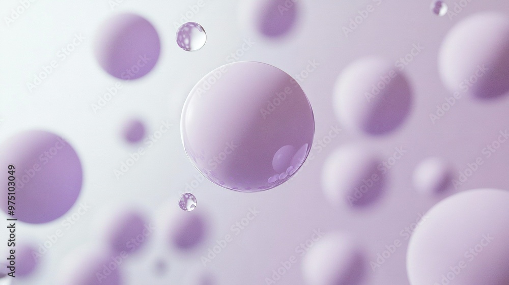 Poster   Group of bubbles drifting on white-purple backdrop with droplets at base