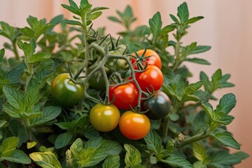 A Cluster of Colorful Mini Tomatoes on a Shrub with a Soft Backdrop