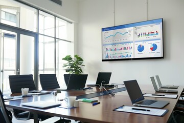 A clean, modern conference room with a large screen displaying charts and graphs, surrounded by a rectangular table and sleek office chairs, ready for a business presentation.