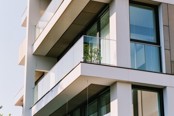 A sleek, minimalist apartment building with large glass balconies bathed in soft sunlight, offering an inviting and airy atmosphere with a modern architectural style.