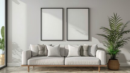 Minimalist living room interior with white sofa, two empty picture frames, and a potted plant