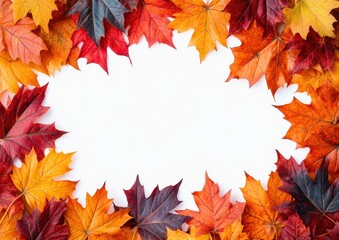 Autumn background with colored maple leaves framed, isolated on a white background