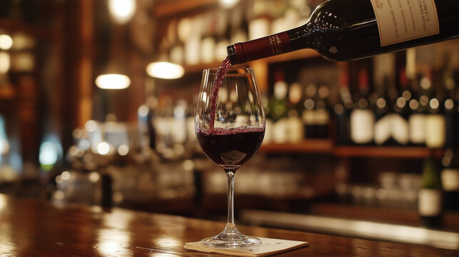 opulent and refined scene wine appreciation: a vintage bottle of wine being poured into a crystal glass over a polished wooden bar