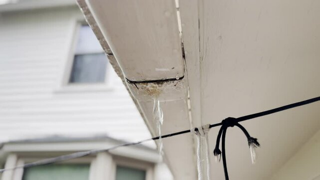 Leaky rain gutter on house hand held