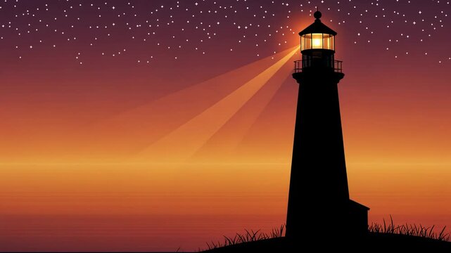 lighthouse silhouette against a vibrant sunset, casting rays of light over the calm sea