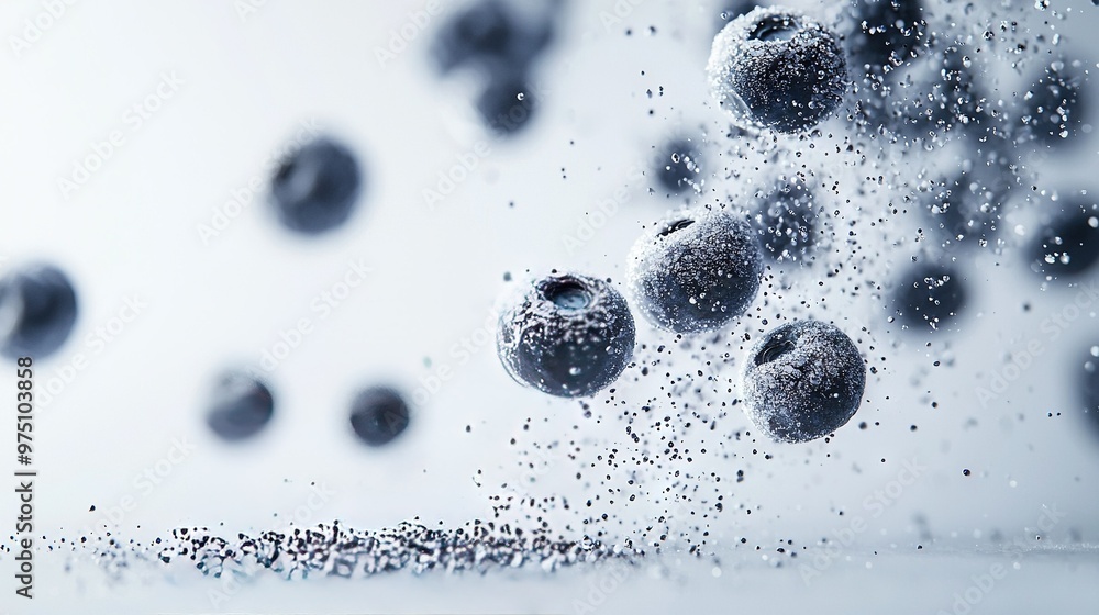 Wall mural blueberries in flight against white background with water droplets