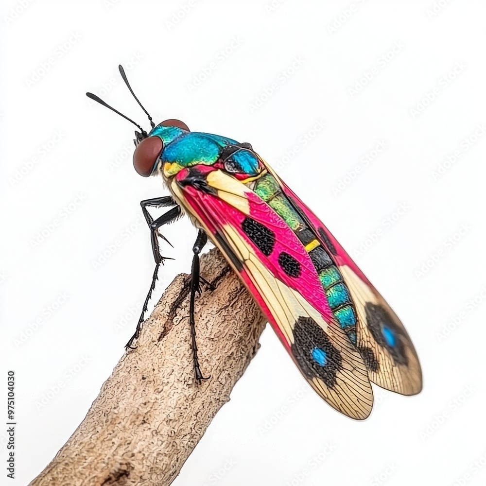 Poster stunning lanternfly perches on a slender twig, displaying a dazzling array of colors and intricate w