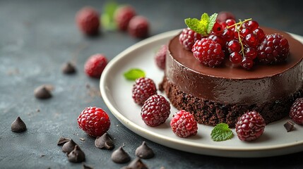   A plate of chocolate cake with raspberries and a table of chocolate chips and raspberries