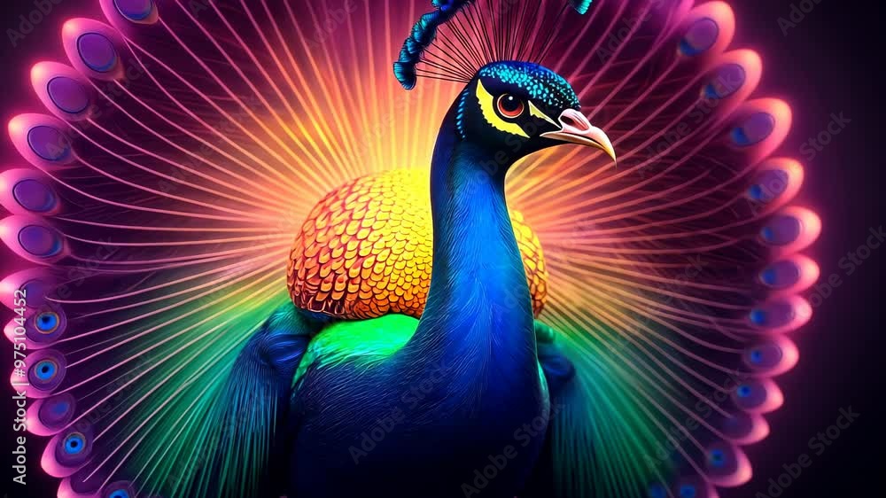 Poster peacock displaying its colorful feathers with a luminous background