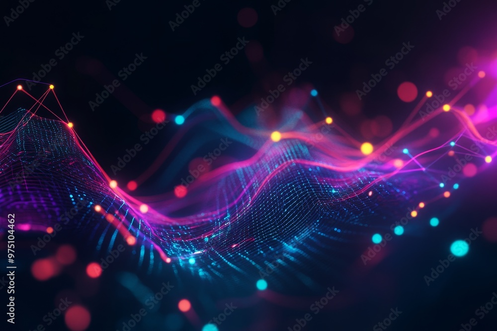 Poster vibrant abstract graph with colorful lines on dark background illustrating data trends and analytics