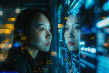 A woman intently observes digital data reflecting on a screen, surrounded by a vibrant, futuristic ambience filled with illuminated graphics and information.