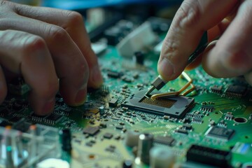 Close-up of hands working on an intricate green motherboard, emphasizing precision and technical skill in electronics and technology.